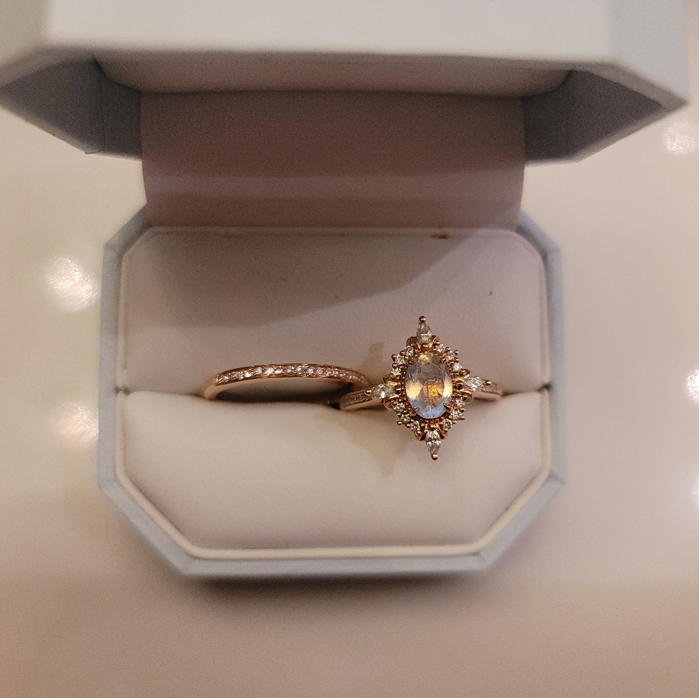 Rose Gold Moonstone Engagement Set Size 9